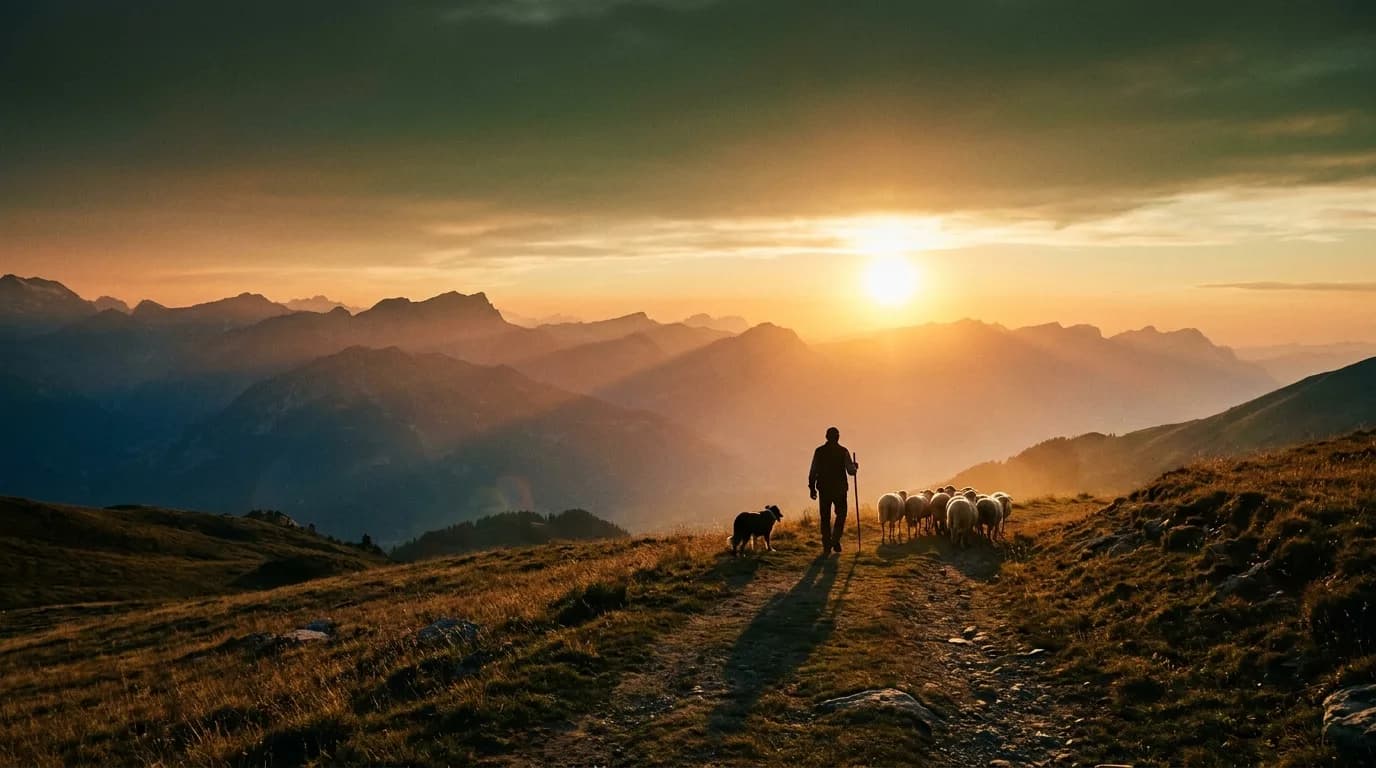 Hirte mit Herde in der Abendsonne auf einer Alpweide