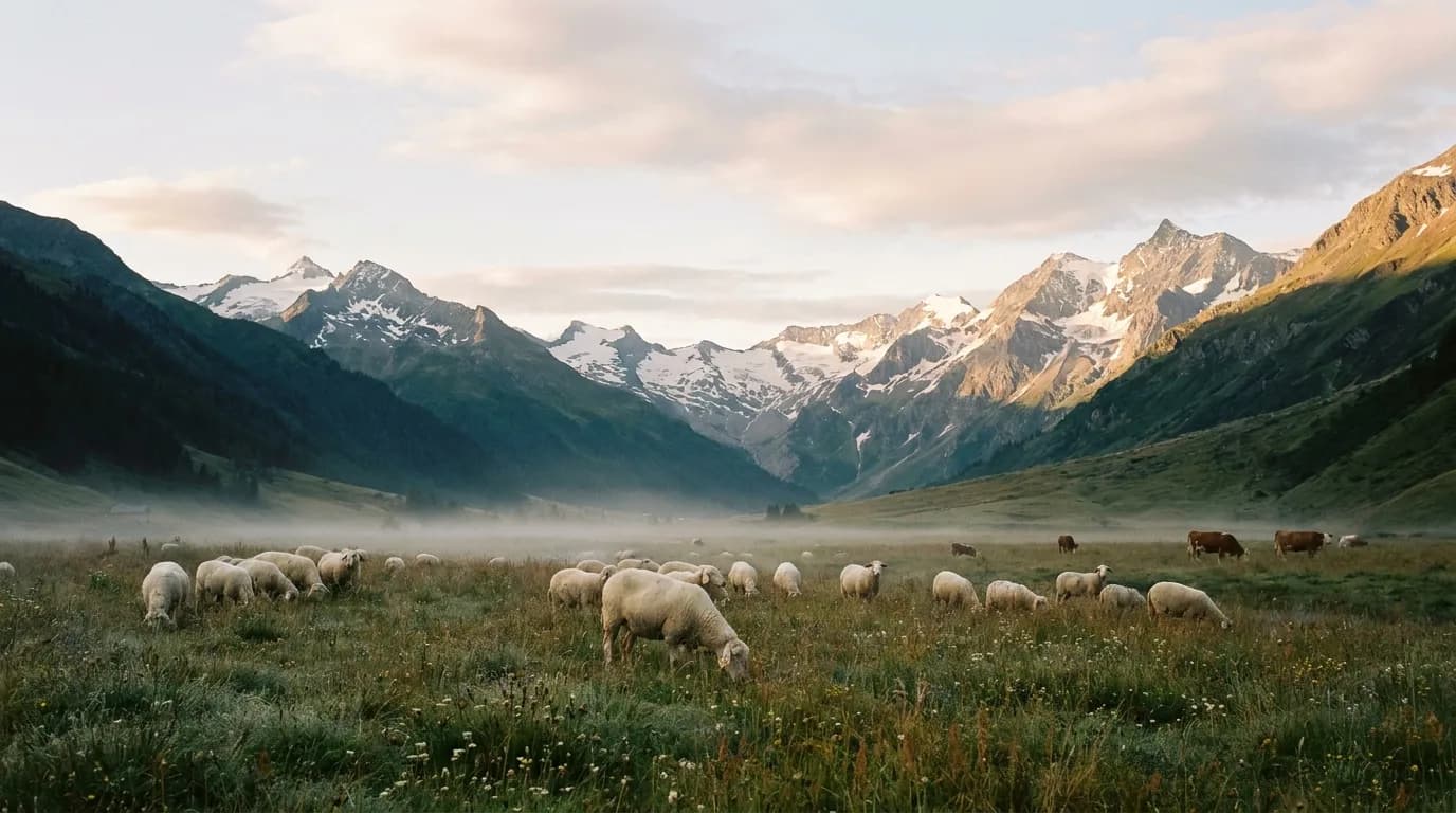 Schafherde auf einer Weide im Morgenlicht