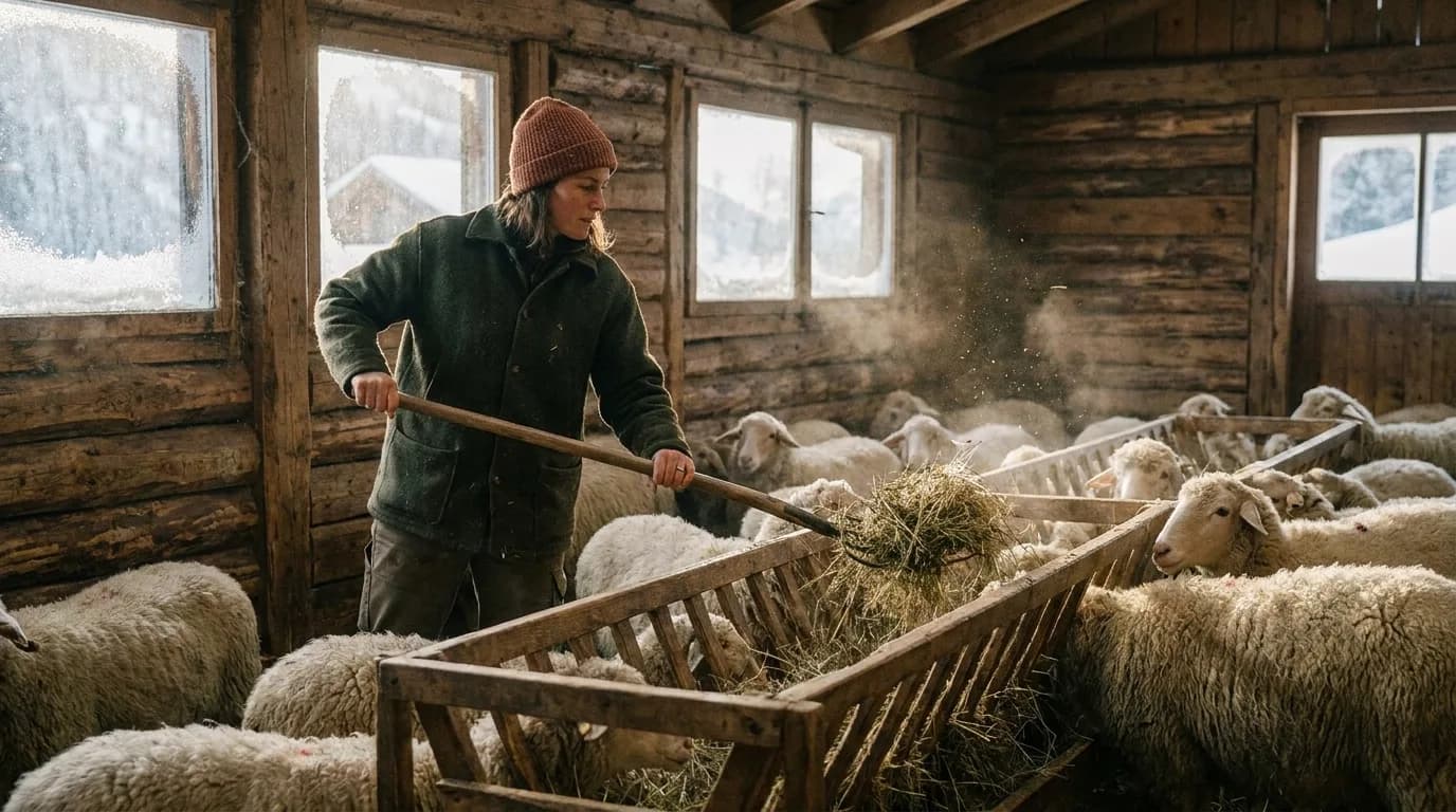 Détenteur avec moutons, chèvres et bovins sur le pâturage d'estivage