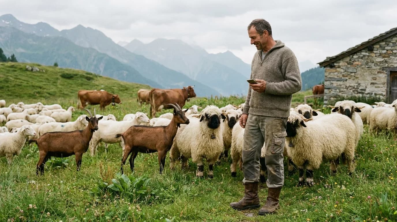 Detentore con pecore, capre e bovini sul pascolo d'estivazione