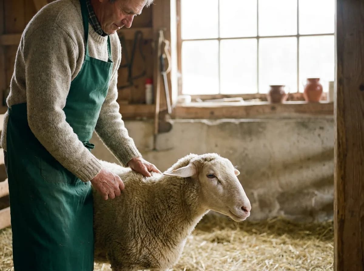 Tierhalter untersucht ein Schaf im hellen Stall