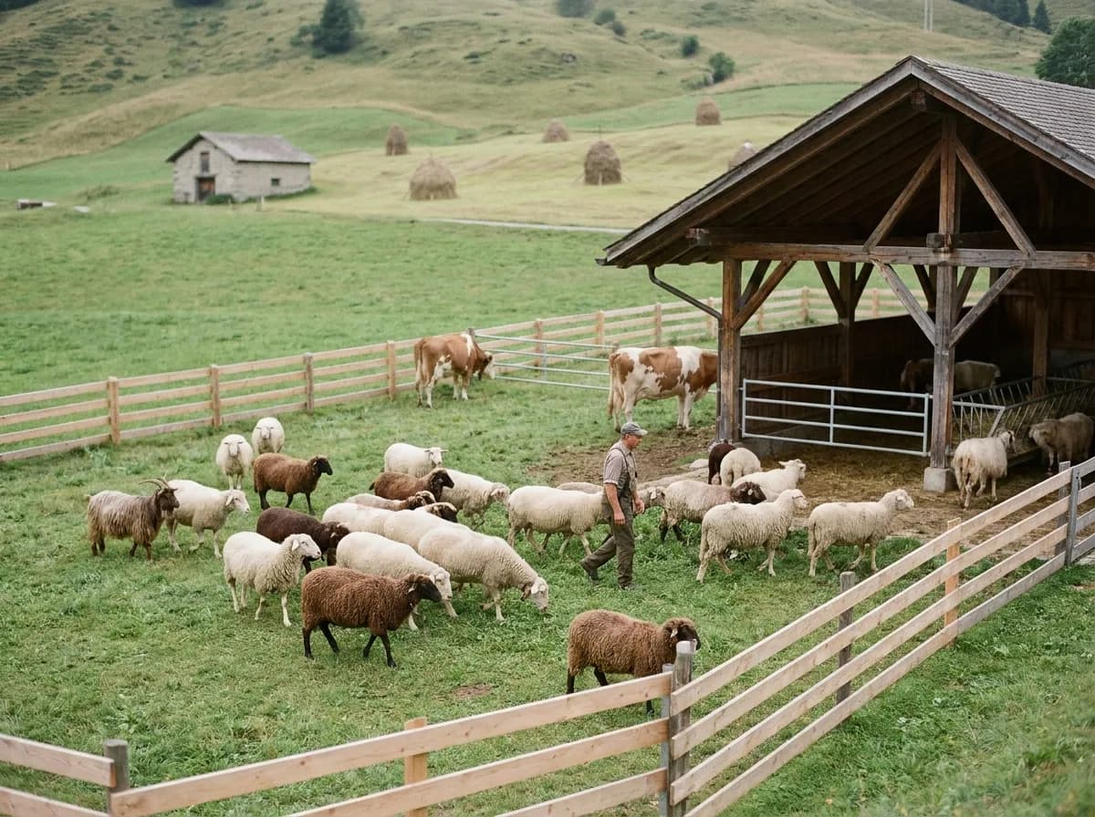 Gemischte Herde aus Schafen, Ziegen und Rindern auf einem Schweizer Hof