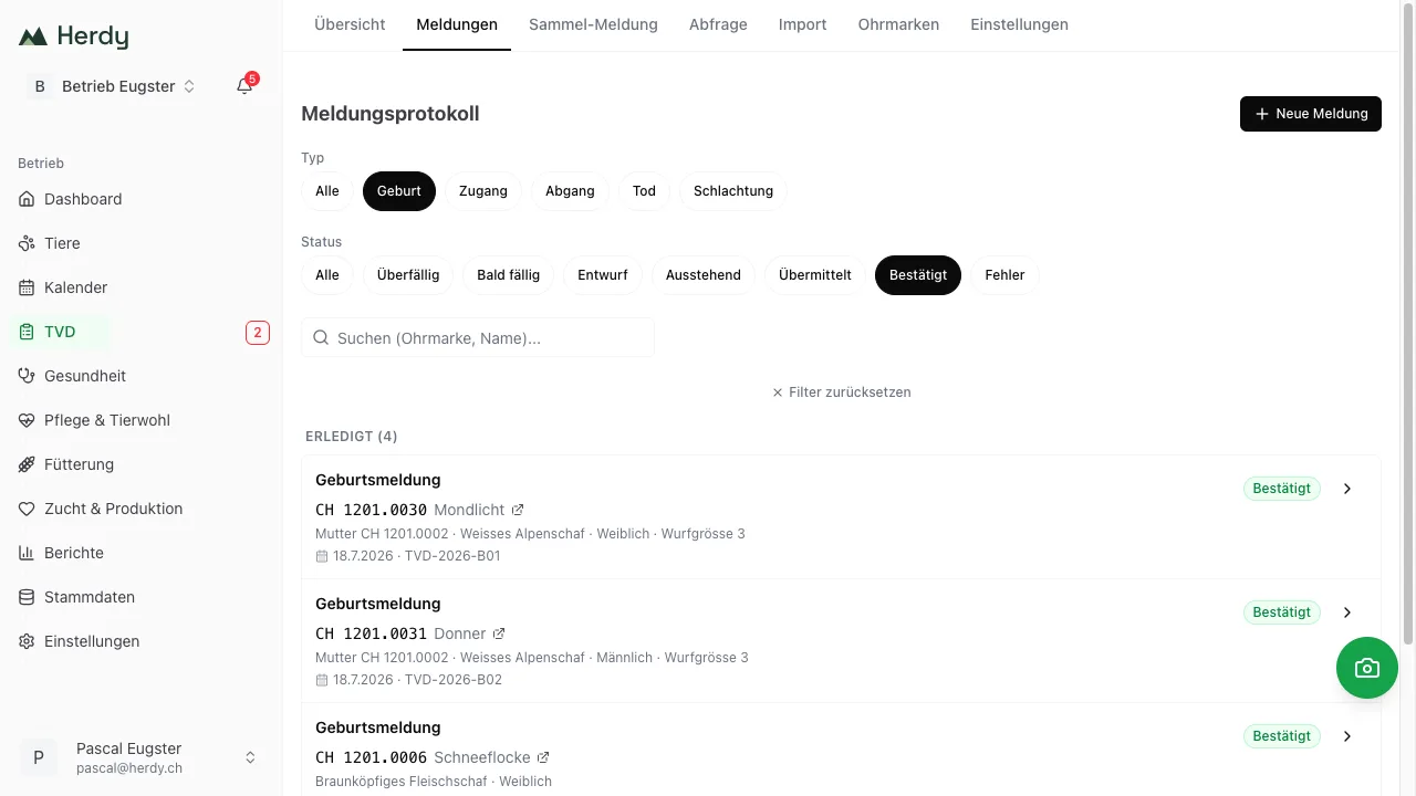 Journal des annonces dans Herdy : annonces de naissance confirmées avec référence BDTA et date.