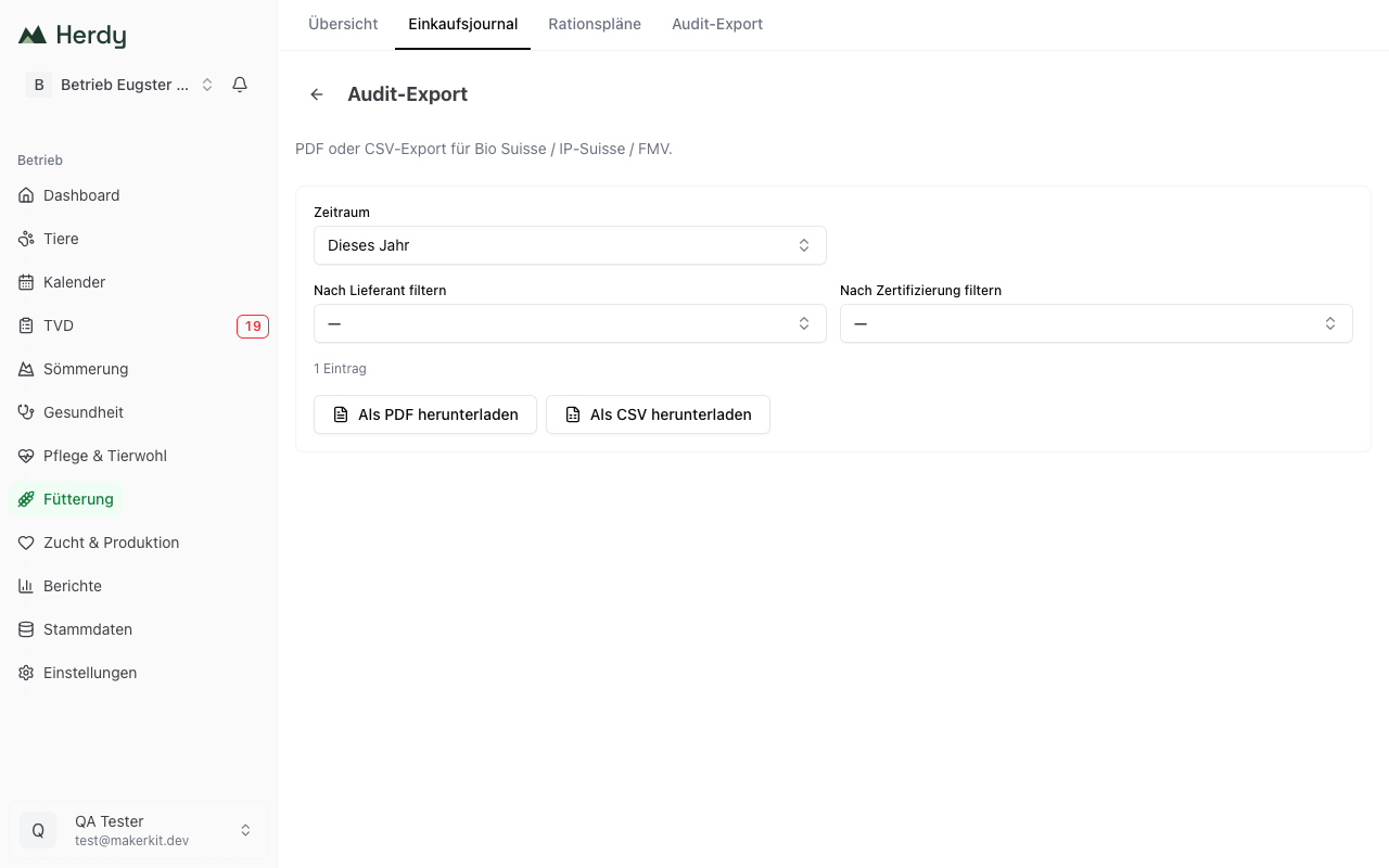 Page d'export avec période, filtre par fournisseur et par certification
