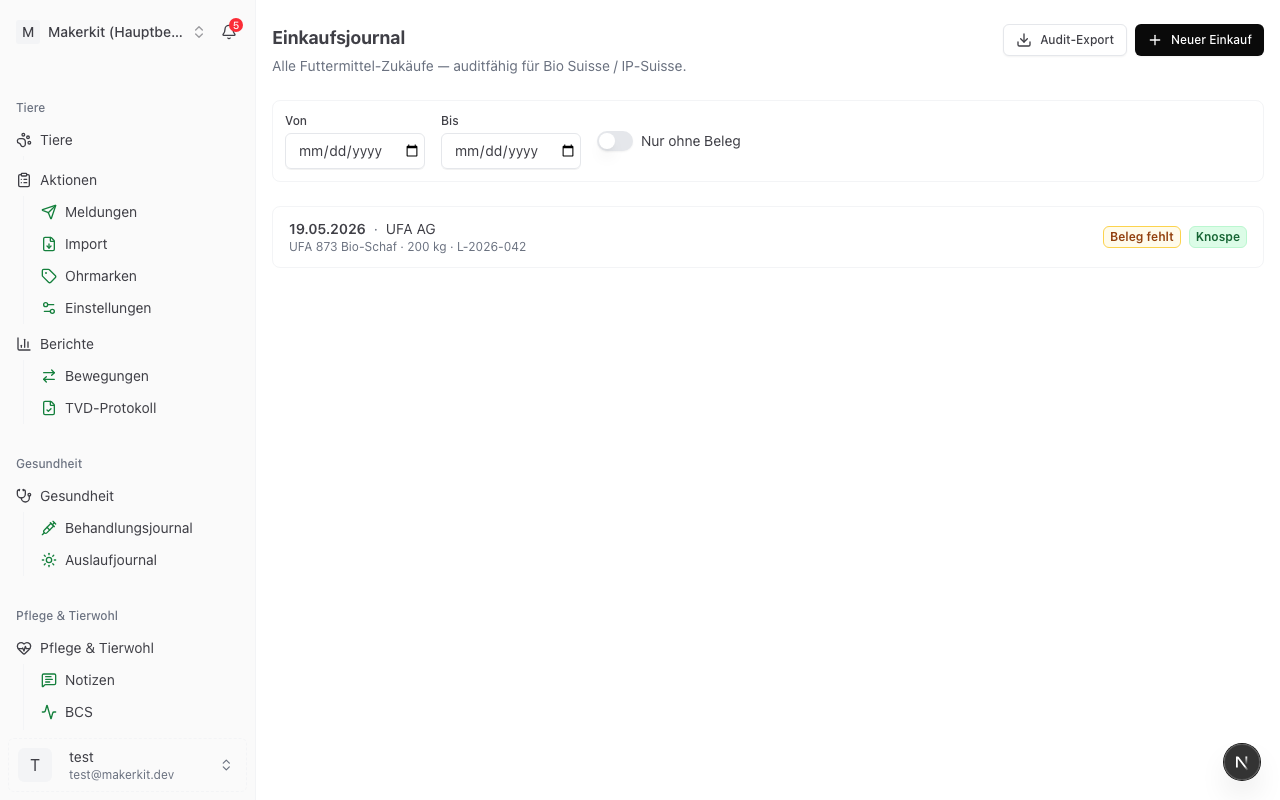 Einkaufsjournal-Liste mit Filtern und Beleg-Status