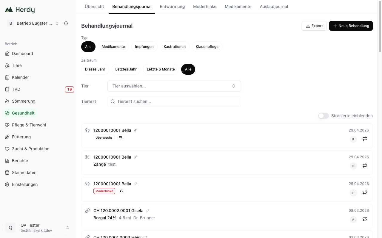Vereintes Behandlungsjournal mit Typ-Auswahl (Medikamente, Impfungen, Kastrationen, Klauenpflege), Absetzfristen und Filteroptionen