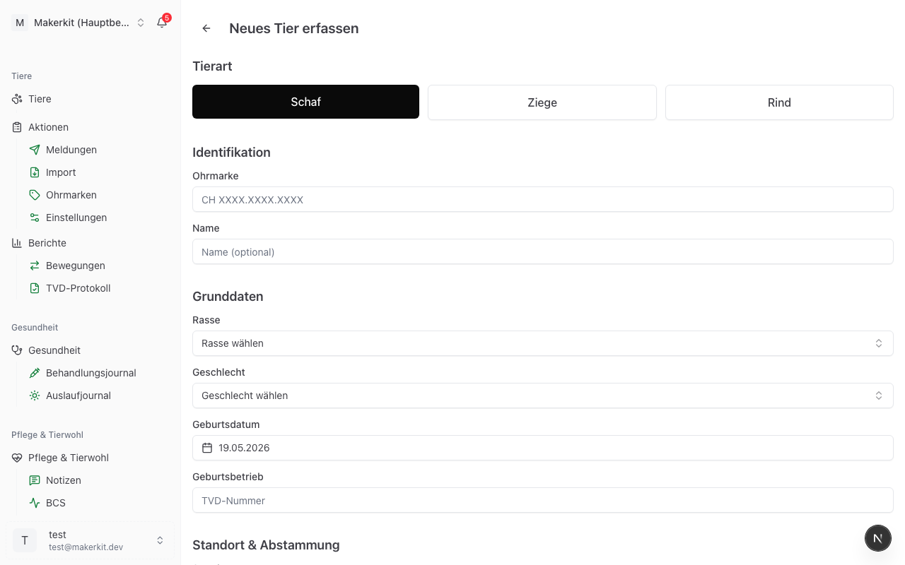 Formular zum Erfassen eines neuen Tiers