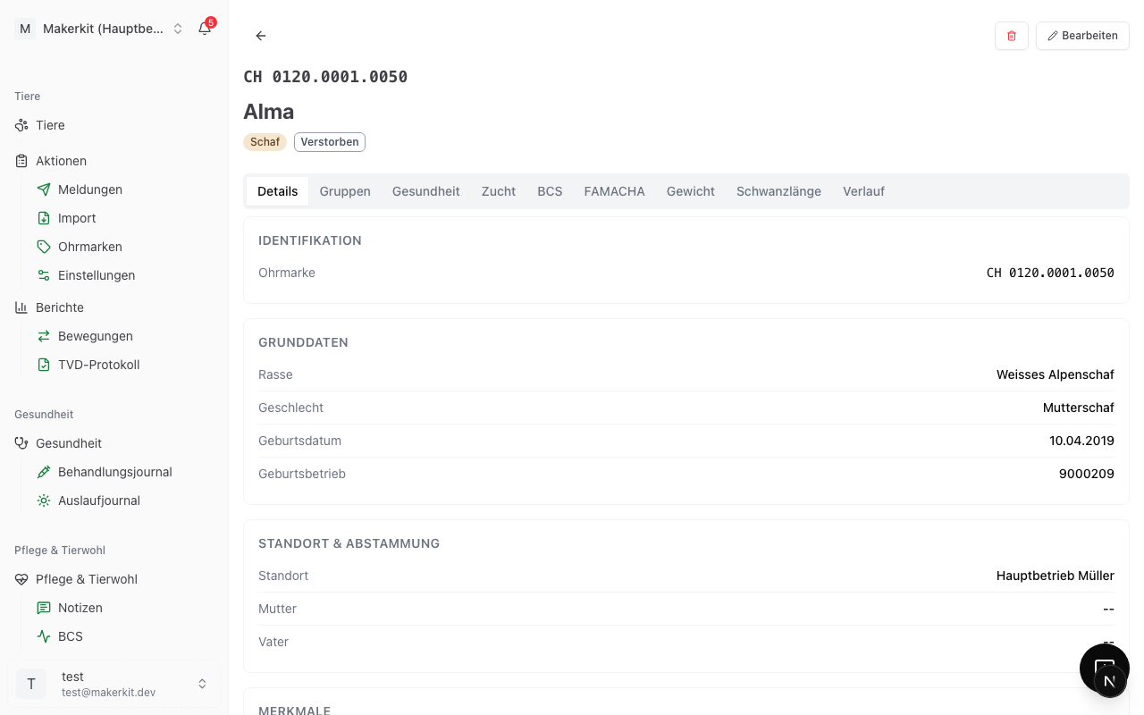 Tierprofil mit Ohrmarke, Tabs und Detailinformationen