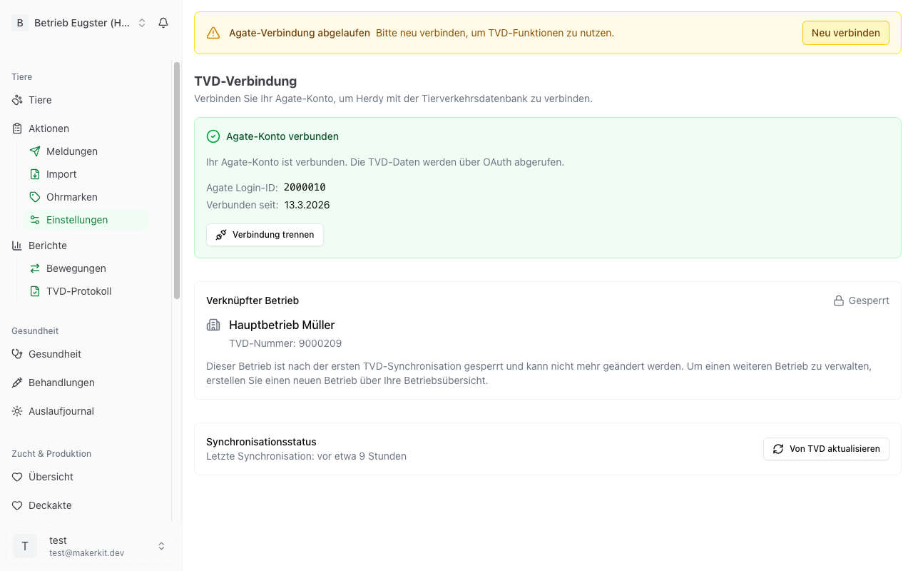 TVD-Einstellungen mit Agate-Verbindung und Betriebsverknüpfung