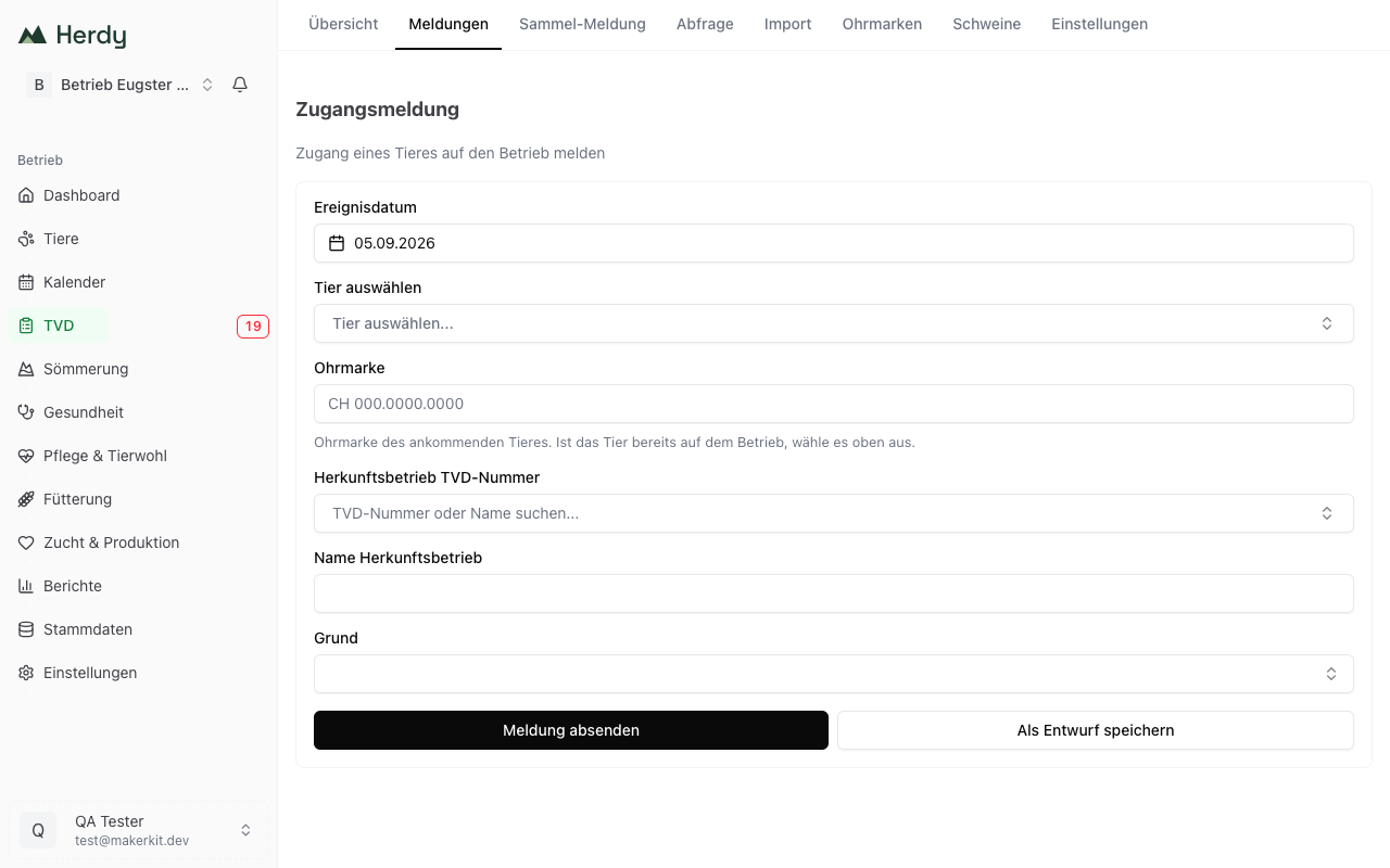 Arrival notification form with ear tag, holding of origin and reason
