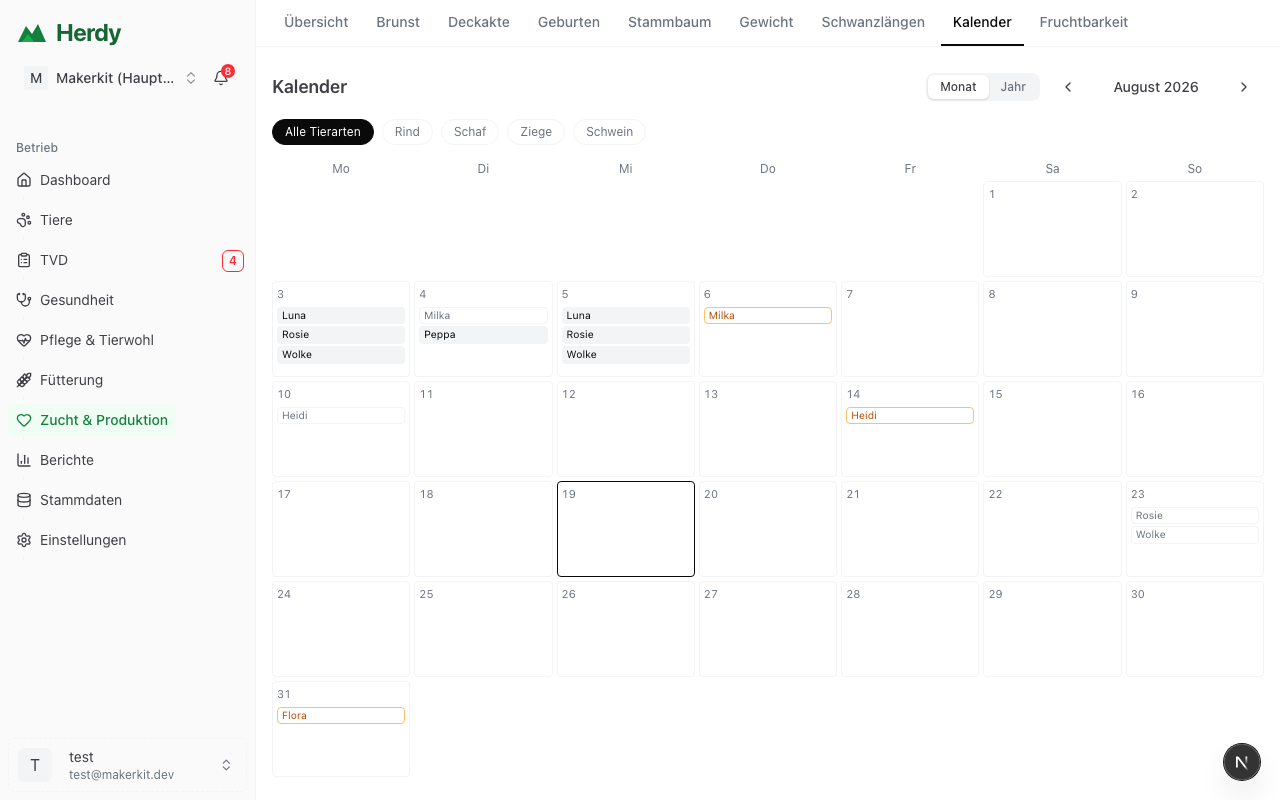 Breeding calendar month view with recorded and expected events